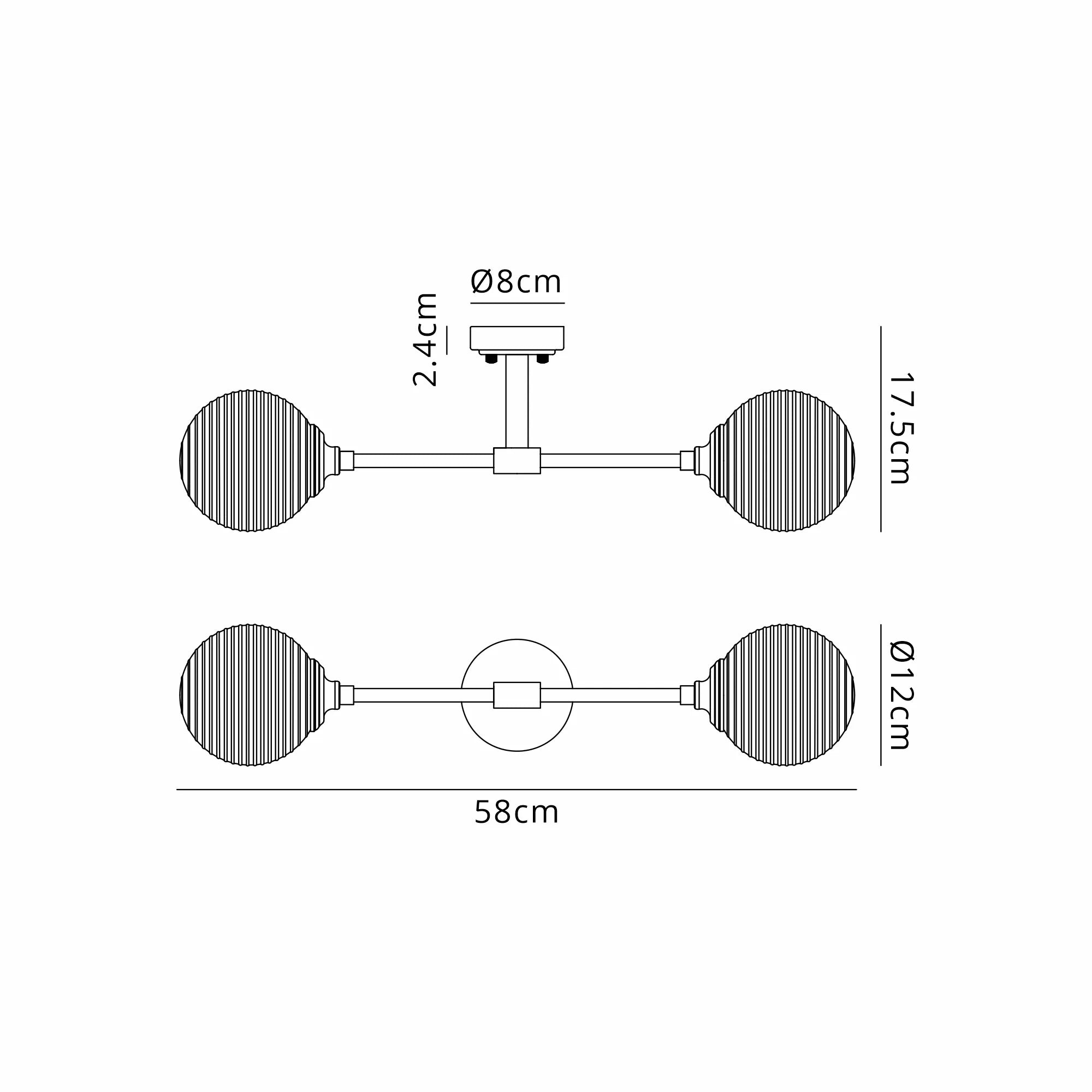 Dene Ceiling & Wall Light - Linear 2 Light - IP44 Nickel & Amber Ribbed Round Glass
