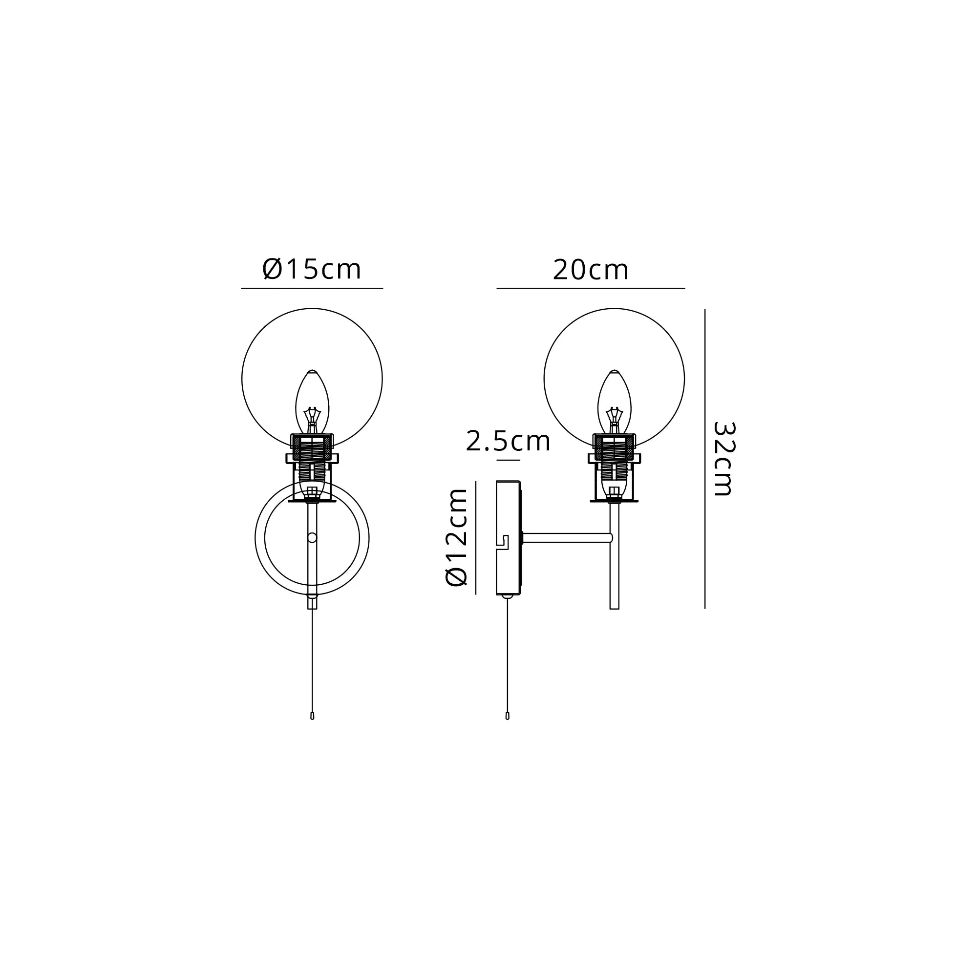 Sycamore Switched Wall Light with 15cm Round Glass Shade - Brass, Amber Plated & Satin Black