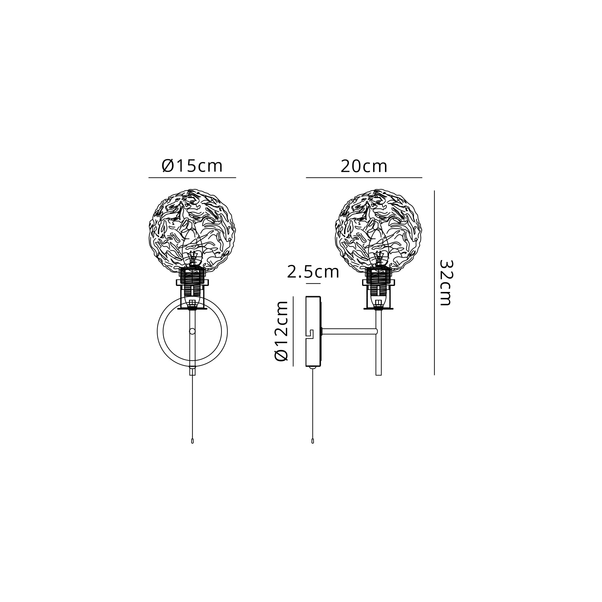 Sycamore Switched Wall Light with 15cm Round Textured Crumple Glass Shade - Brass, Clear & Satin Black