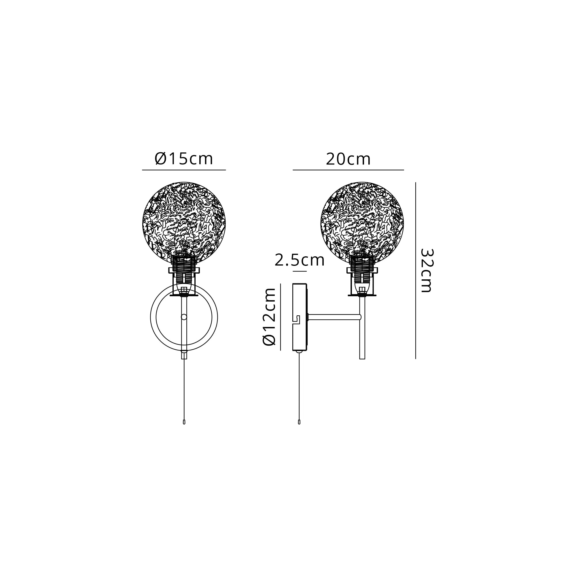 Sycamore Switched Wall Light with 15cm Round Dimpled Glass Shade - Brass, Clear & Satin Black