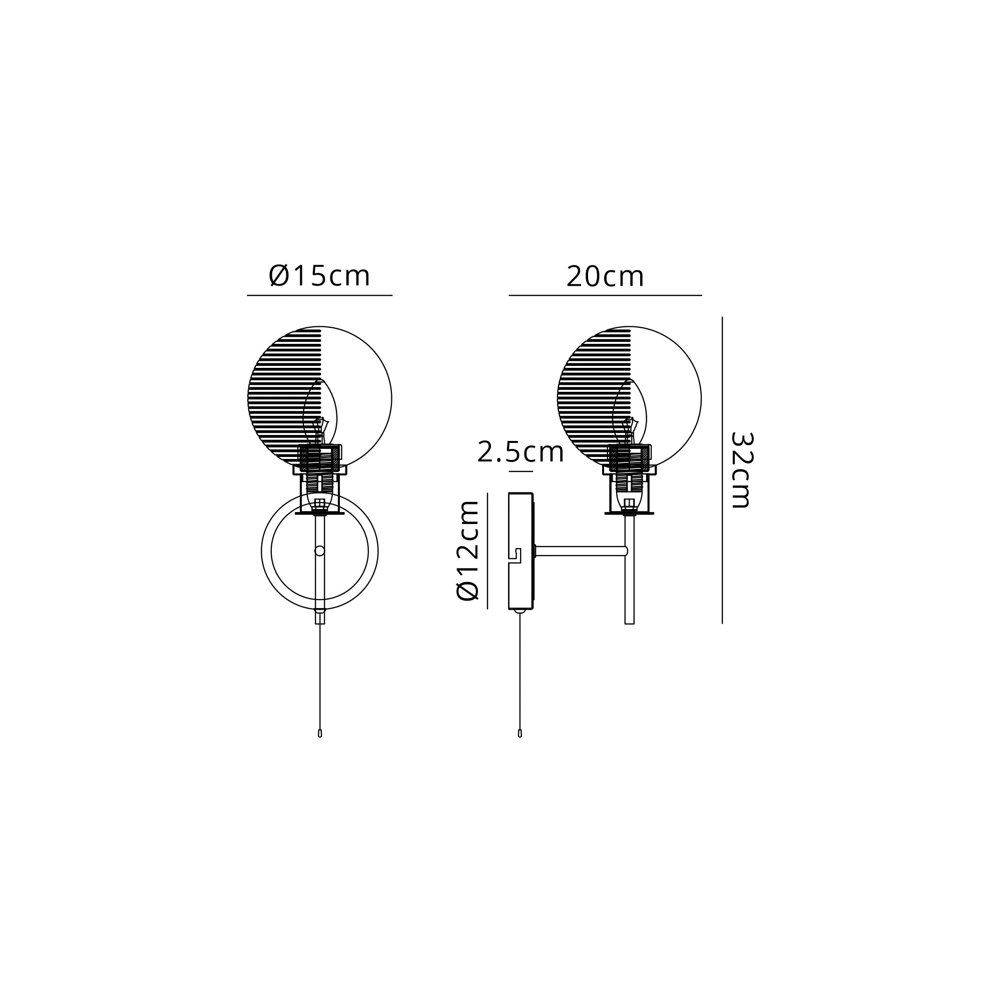 Sycamore Switched Wall Light with 15cm Round Double Textured Smooth & Ribbed Glass Shade - Brass, Smoke Plated & Satin Black