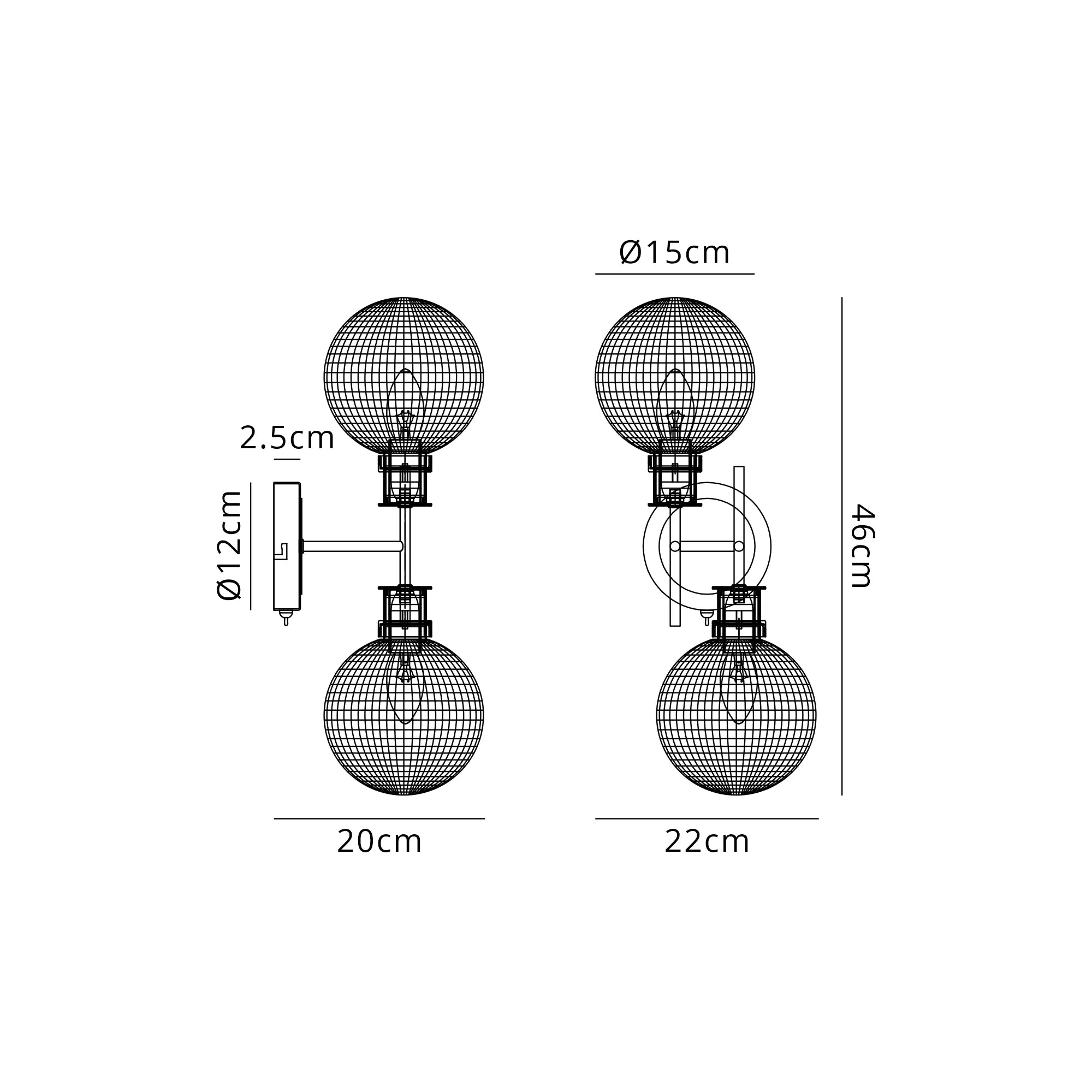 Sycamore Switched Wall Light 2 Light with 15cm Round Textured Diamond Pattern Glass Shade - Brass, Clear & Satin Black