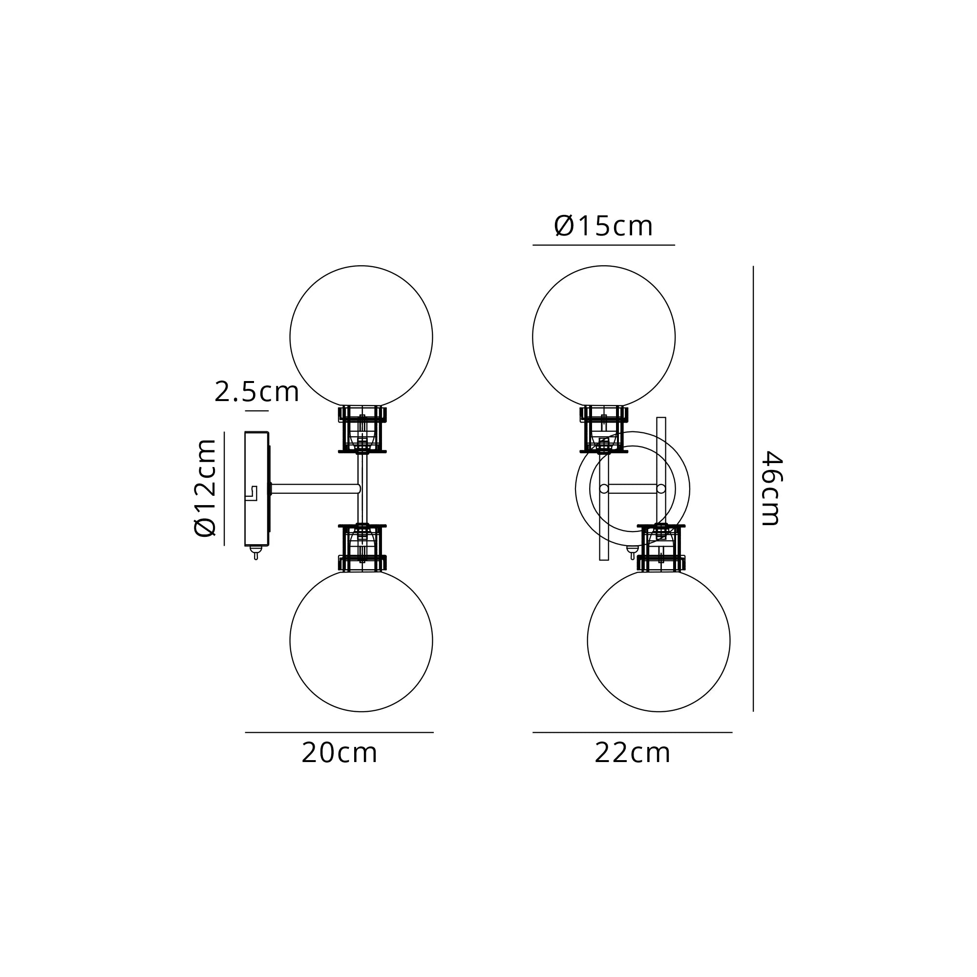 Sycamore Switched Wall Light 2 Light with 15cm Round Glass Shade - Satin Nickel, Opal & Satin Black